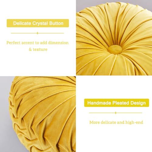 Image of HIG Set of 2 Yellow Ruched Velvet Round Throw Pillows - 14.5'' Decorative Pillows with Soft Polyester Filling for Couch, Bed, Living Room, Bedroom, or Dorm - Handmade, Stress Relieving, All-Season