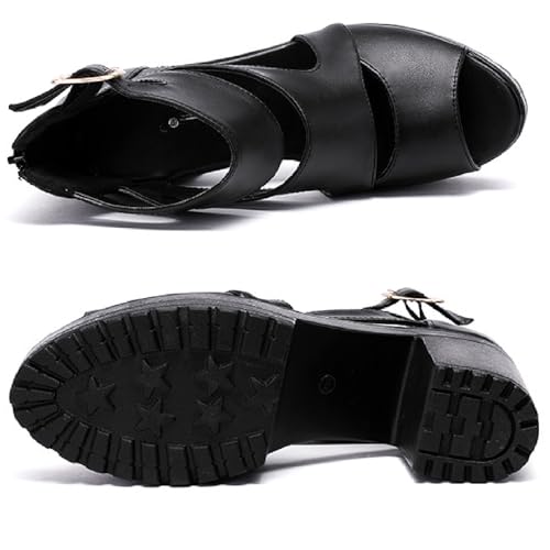 Women'S Hollow Out High Top Chunky Heel Roman Sandals Summer Breathable Fish Mouth Pointed Toe Adjustable Ankle Strap Anti-Slip Platform High Heels Sandals (Black-3.15inch,11)4
