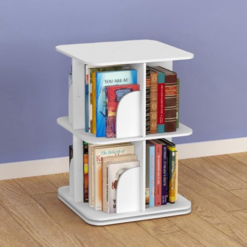 Image of HOLMZCED 360° Rotating Bookshelf, 2 Tier Standing Bookcase with 4 Compartments Small Corner Bookcase White Bookshelf Organizer Space Saving for Study Bedroom Living Room