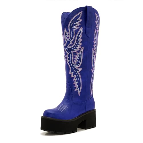Image of Uillnoodu Wide Calf Cowboy Boots Women Adjustable Lace Up Knee High Tall Plus Size Cowgirl Boots Western Style Comfortable 2-Inch Heel