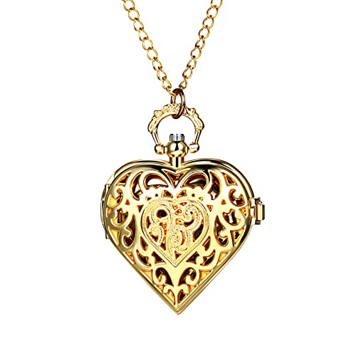 JewelryWe Taschenuhr Damen Antik Herz Skelett Kettenuhr Vintage Analog Quarz Uhr Herzanhänger mit Halskette Kette für Frauen Herren Gold