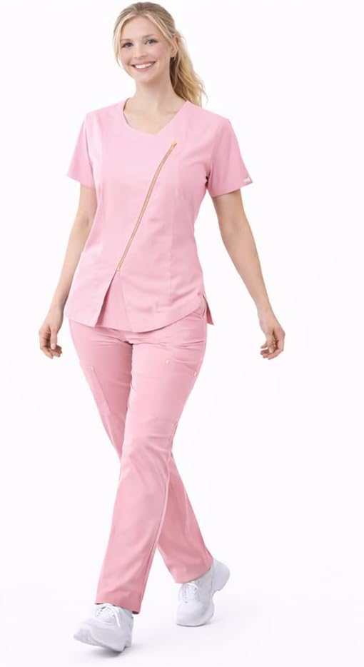 Women's Stretch Scrubs Set – V-Neck Zip Top & Cargo Pants, Breathable Nursing Uniform