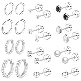 Surgical Steel Flat Back Stud Earring Sets for Multiple Piercing Silver,Sterling Silver Small Huggie Hoop Earrings Hypoallergenic Tiny Titanium Earrings for Women,Pearl Opal CZ Cartilage Earring