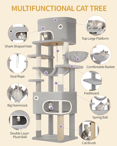 Hzuaneri Tiragraffi per Gatti, Albero per Gatti Multistrato da 203 cm con Grande Piattaforma, 2 Grotte, 7 Pali in Sisal, Pompon, Cesta, Amaca, Grigio Chiaro MS20318LG - Immagine 5
