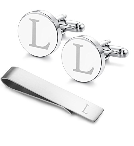 Image of LOYALLOOK Initial Cufflinks and Tie Clip Set for Men Silver Personalized Cuff links and Tie Bar Letter Alphabet A-Z Gift for Father Husband Valentine Gifts for Men