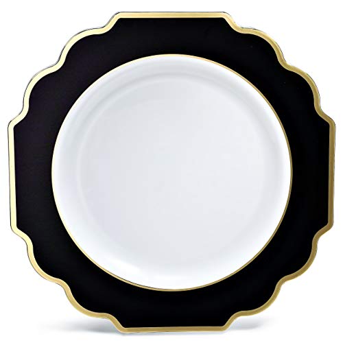 " Occasions " 50 Plates Pack (25 Guests)-Heavyweight Wedding Party Disposable Plastic Plate Set -(25 X10.5'' Dinner +25 X 8'' Salad/Dessert (Imperial In White/Black & Gold) #TOP2
