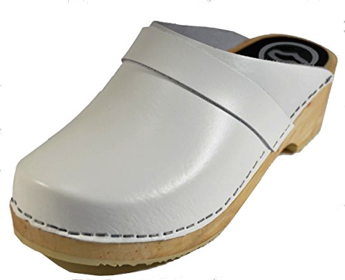 Sabots Scanddy en cuir blanc avec semelle en bois de hêtre et talon de 5cm