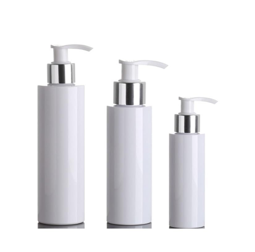 Białe butelki PET do wielokrotnego napełniania, 100–200 ml, z pompką, pusty pojemnik na szampon do podróżnego dozownika mydła (srebrna pokrywka, 150 ml)