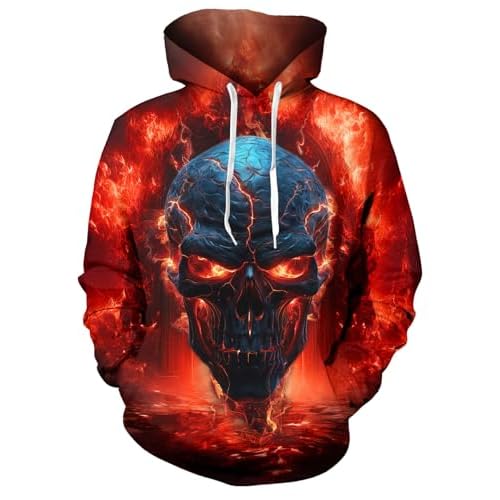 ALISISTER Sudadera con Capucha Unisex para Hombres y Mujeres con diseño de Calavera en 3D de Fuego, Sudadera con Capucha para la Fiesta de Halloween, Interior de Forro Polar, cálida, Talla XL