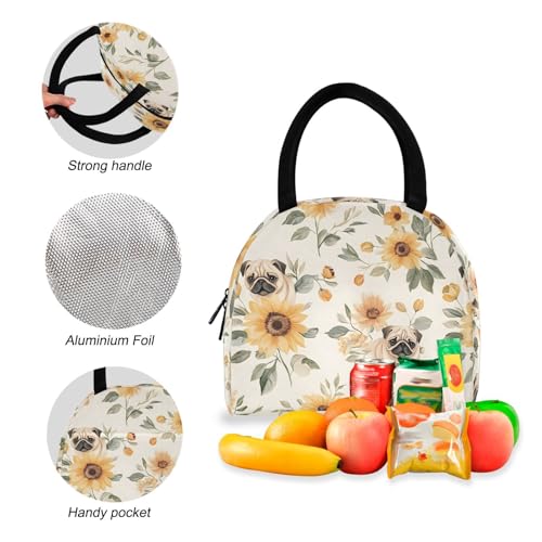Floral Pug Print Backpack Set with Lunch Bag, Large Capacity Travel Backpacks and Lunch Box Insulated for Commute Hiking Picnic4