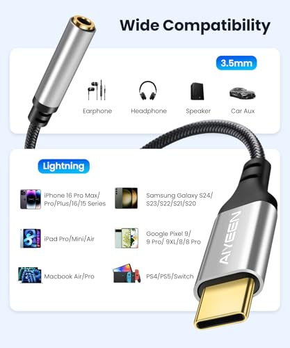 Image of Type-C to 3.5mm Headphone Adapter, Silver USB C to Aux Stereo Converter Cable with Hi-Res DAC Sound Card Chip, Braided Nylon, 13cm - Silver