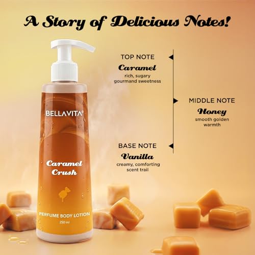 Image of BELLAVITA Caramel Crush | Perfume Body Lotion for Man and Woman | Long-lasting Hydration | Soft & Smooth Skin | Long-lasting Scent | Paraben-free | Infused with Cocoa Butter & Glycerin | 250ml