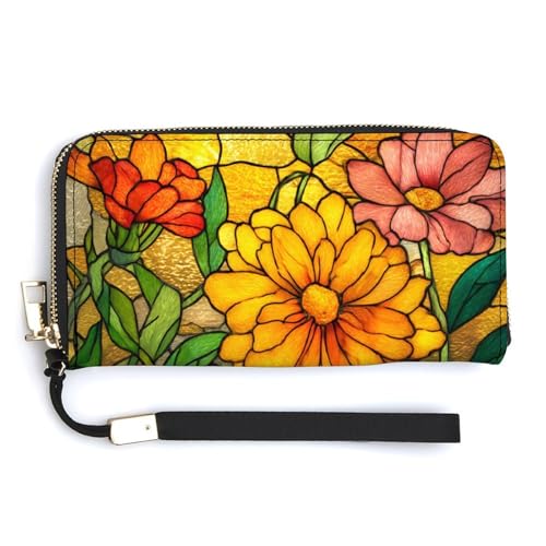 Golden Flower PU Leather Clutch Long Bifold Wallet, Coin Purse Credit Pass Case, Durable Card-Holder Money Storage for Women Men