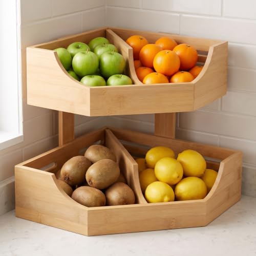 2-Tier Wooden Corner Fruit Basket for Kitchen Counter, Wood Fruit Stand