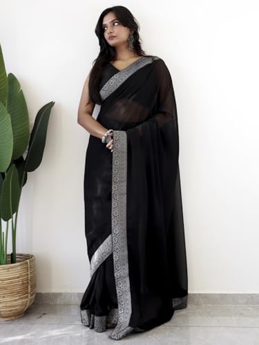 Image of AKHILAM Women's Georgette Solid Ready To Wear one Minute Saree With Unstitched Blouse Piece