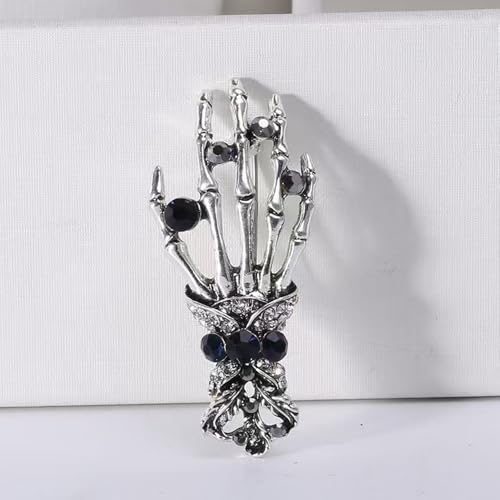 Image of Gothic Halloween Skull Hand Brooch Pin for Women Men Punk Vintage Crystal Skeleton Tassel Chain Lapel Pins Dark Skull Brooches Sweater Suit Accessory