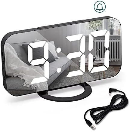 Alarm Clock with Dimmable LED Display, Digital Alarm Clock, Bedside Alarm Clock Mirror Alarm, Snooze, 3 Dimmer Modes, Non Ticking 2 USB Charging Ports Alarm Clock for Home Bedroom Decore-White