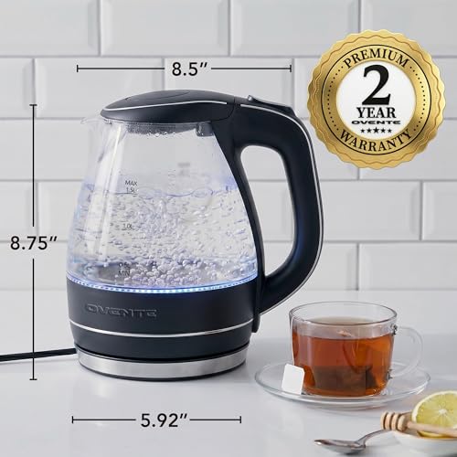 Image of OVENTE Electric Kettle, 1.5L Borosilicate Glass Countertop Water Heater and Boiler for Coffee or Tea, BPA-Free, Auto Shut-Off, Boil-Dry Protection, Removable and Washable Spout Filter, Black KG83B