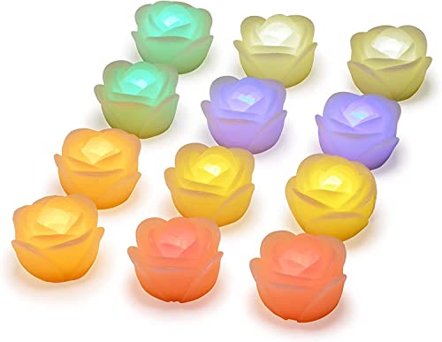 Image of Flameless LED Floating Candles - 2.5 inch Wax Rose with Flickering LED Battery Works 100+ Hours Waterproof Tealights for Cyliner Vases, Centerpieces at Weddings, Party, Pool, Holiday (12PACK, Multicolor)