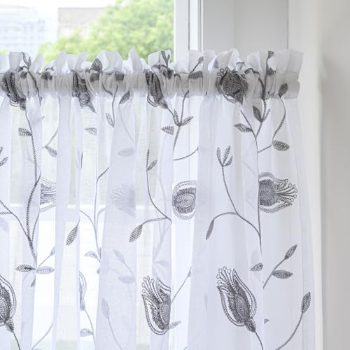 Image of White-Grey Sheer Curtains 84 Inches Long, Floral Embroidered Rod Pocket Sheer Drapes for Living room, Bedroom, 2 Panels, 52 inchx 84 inch, Semi Crinkle Voile Window Treatments for Yard, Patio, Villa, Parlor