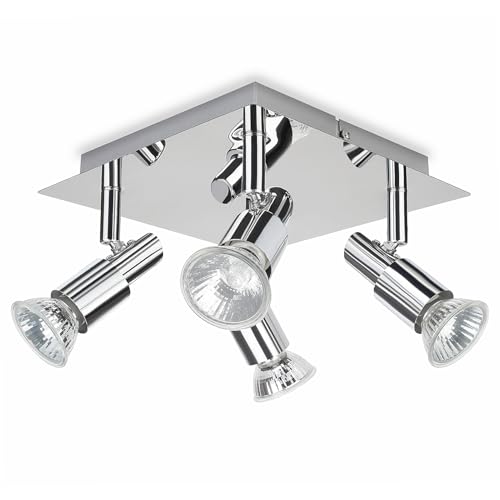 POLESTI Adjustable 4 Way Ceiling Spotlight Fitting, Modern Square Kitchen Lights Ceiling, GU10 Ceiling Light Fitting, Silver Chrome GU10 Ceiling Spotlight (Bulb Not Included)