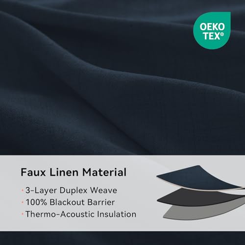 Image of 100% Blackout Shield Linen Textured Total Blackout Curtains for Bedroom 90 Inches Long, Navy Blue Grommet Curtains for Living Room, Thermal Insulated Room Darkening Drapes, 50 inch W x 90 inch L, 2 Panels
