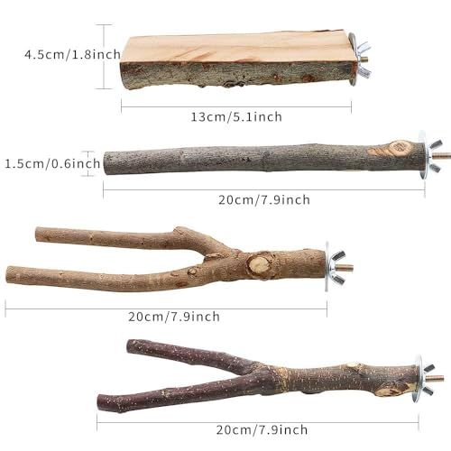 Image of 4 Pack Natural Wood Bird Perch Parrot Stand Branches Fork Toys,Pet Bird Cage Wooden Hanging Perch Platform Hammock Swing Toy for Small Parakeets,Budgies,Cockatiels,Conures,Finches