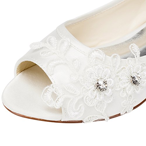 Emily Bridal Wedding Shoes Women's Satin Flat Heel Peep Toe with Crystal Heel Crystal 6