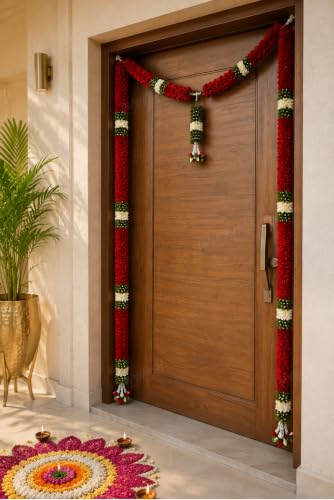 Image of Divyakosh Thoran Set (with Side Hanging), Toran for Main Door Entrance, Fabric, Handmade, Dark Red Floral Banderwal, Big Size, Width 44 Inches & Height 48 Inches