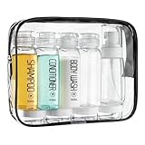 Cosywell Travel Bottles for Toiletries 10PCS 100ml Pre-Printed Shampoo, Conditioner & Body Wash TSA Approved 2oz Travel Spray Bottle Leakproof 0.35oz Plastic Cream Jars Refillable Cream Lotion(Clear)