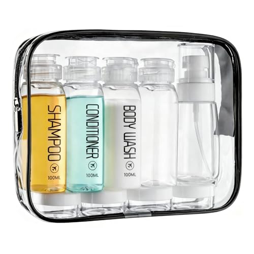 Cosywell Travel Bottles for Toiletries 10PCS 100ml Pre-Printed Shampoo, Conditioner & Body Wash TSA Approved 2oz Travel Spray Bottle Leakproof 0.35oz Plastic Cream Jars Refillable Cream Lotion(Clear)
