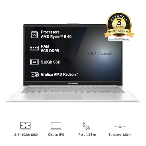 ASUS Vivobook Go 15 E1504FA#B0GN39K89H, Notebook con display 15.6" IPS, Anti-glare,60Hz, AMD Ryzen 5 40 Processor, RAM 8GB, 512GB SSD, WIN11 Home, Argento - Immagine 1