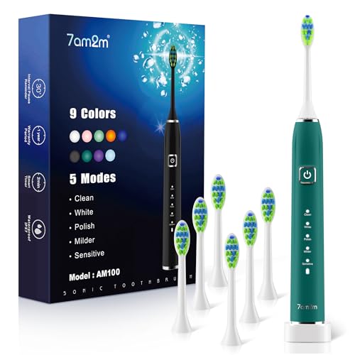 7AM2M Sonic Electric Toothbrush with 6 Brush Heads for Adults and Kids, One Charge for 120 Days, Wireless Fast Charge, 5 Modes with 2 Minutes Built in Smart Timer, Electric Toothbrushes (Peacock Green)