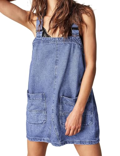 Image of Sukany Women's Casual Denim Overalls Dress Loose Adjustable Strap Jean Short Rompers Jumpers Light Blue S