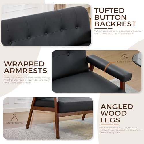 Image of JIASTING 50 inch Black Leather Loveseat Sofa, Small Office Couch with Wood Arms