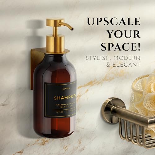 Shower Shampoo Dispenser Wall Mounted – Refillable 16.9 oz Amber Bottle with Stainless Steel Pump & No-Drill Adhesive Holder – Soap Dispenser for Bathroom (1 X Amber/Gold) - image 2
