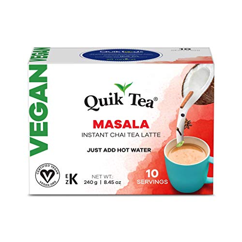 QuikTea Vegan Masala Chai Tea Latte Mix - 10 Count Single Box - All Natural, Non GMO, Vegan Certified | Convenient & Easy Dairy Free Instant Chai Tea Mix | Healthy Coffee Alternative