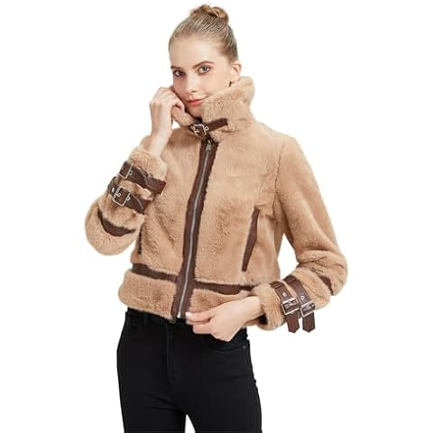 GRAN ORIENTE Womens Winter Faux Mink Fur Fleece Zip up Moto Jacket,Cropped Fuzzy Sherpa Coats Warm Leather Outerwear (GK082 Khaki, L) Cover