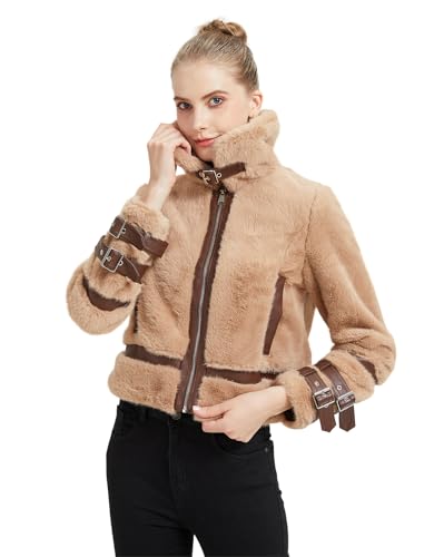 GRAN ORIENTE Womens Winter Faux Mink Fur Fleece Zip up Moto Jacket,Cropped Fuzzy Sherpa Coats Warm Leather Outerwear