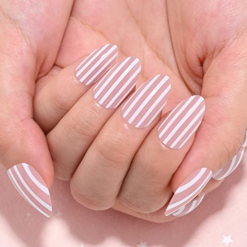 evpct Nude & White Stripe Press on Nails Short Almond for Women Manicure