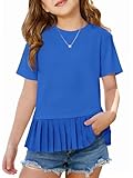 Haloumoning Girls Short Sleeve Shirts Kids Cute Pleated Hem T-Shirts Summer Fashion Tops Tees 5-14 Years Royal Blue