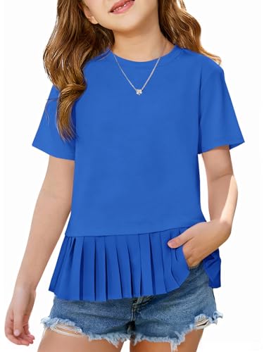 Haloumoning Girls Short Sleeve Shirts Kids Cute Pleated Hem T-Shirts Summer Fashion Tops Tees 5-14 Years Royal Blue