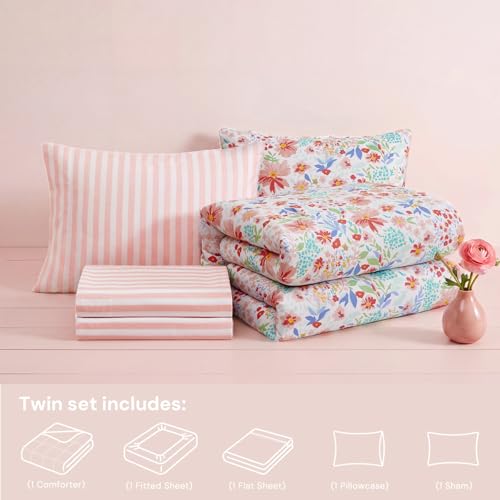 Image of Twin XL Comforter Set with Sheets for Girls-5 Pieces Twin Bedding Sets | Soft Flower Comforter with Pillowcases & Shams, 66 inch X 90 inch