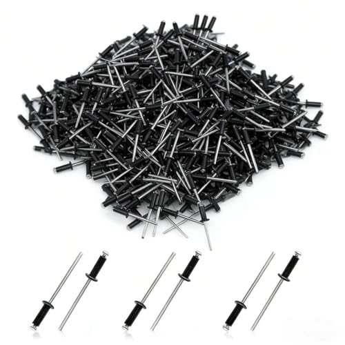 HUANR Rivets, 200 Pièces Rivet Aveugle à Tête Dôme à Grande, Rivet Plaque Immatriculation, Rivet Noir, Rivets Aveugles en Aluminium, Rivet Long pour Meubles, Réparation Connexions, Fixation