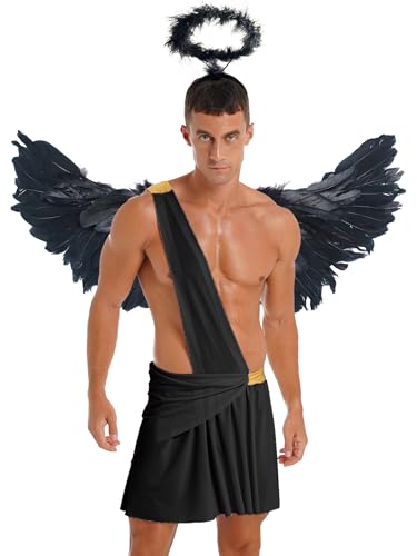 Yruioon Disfraz de ángel para hombre, falda toga con alas de ángel, aureola, dios griego, disfraz de Halloween, carnaval, fiesta, color negro, M