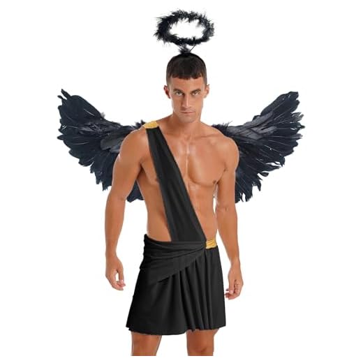 Yruioon Disfraz de ángel para hombre, falda toga con alas de ángel, aureola, dios griego, disfraz de Halloween, carnaval, fiesta, color negro, M