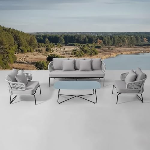 Image of LOCCUS Outdoor Patio Rope Furniture Set - 4-Seater Conversation Sofa Set with Cushions & Glass Coffee Table, Perfect for Garden, Terrace, and Backyard (Grey)