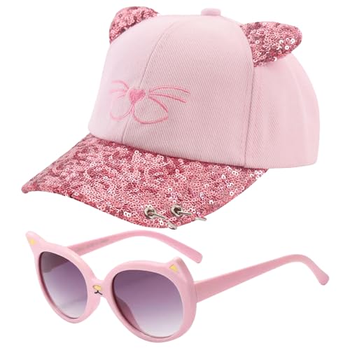 JSTHHTT Gorra NiñA Y Gafas De Sol ProteccióN UV, Gorra De BéIsbol para NiñAs con Orejas De Gato, ProteccióN UV Ajustable Sombrero De Lentejuelas para NiñAs Verano, Regalo NiñA 3 10 AñOs
