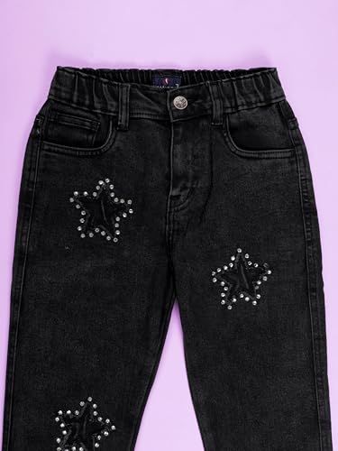 Image of KiddoPanti Girls Full Length Frayed Star Patch Washed Denim Jeans with Elasticated Waistband
