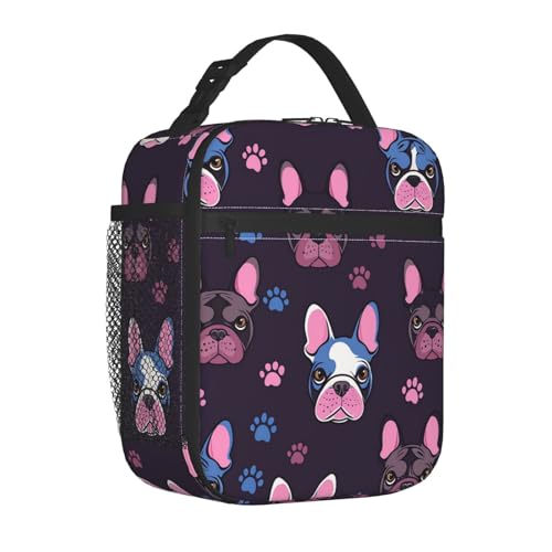 Mexpekil Simpatica borsa termica per il pranzo con bulldog francese per donne e uomini, borsa termica portatile da picnic con tasca laterale in rete per adulti lunchbox per lavoro
